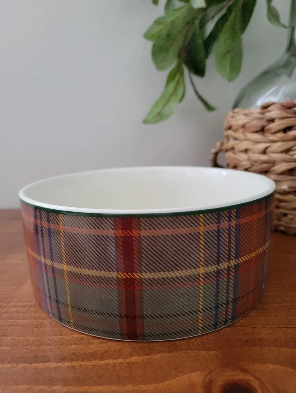 Pottery Barn Woodrow Plaid Large Pet Stoneware Dog Dish Food Or Water Bowl